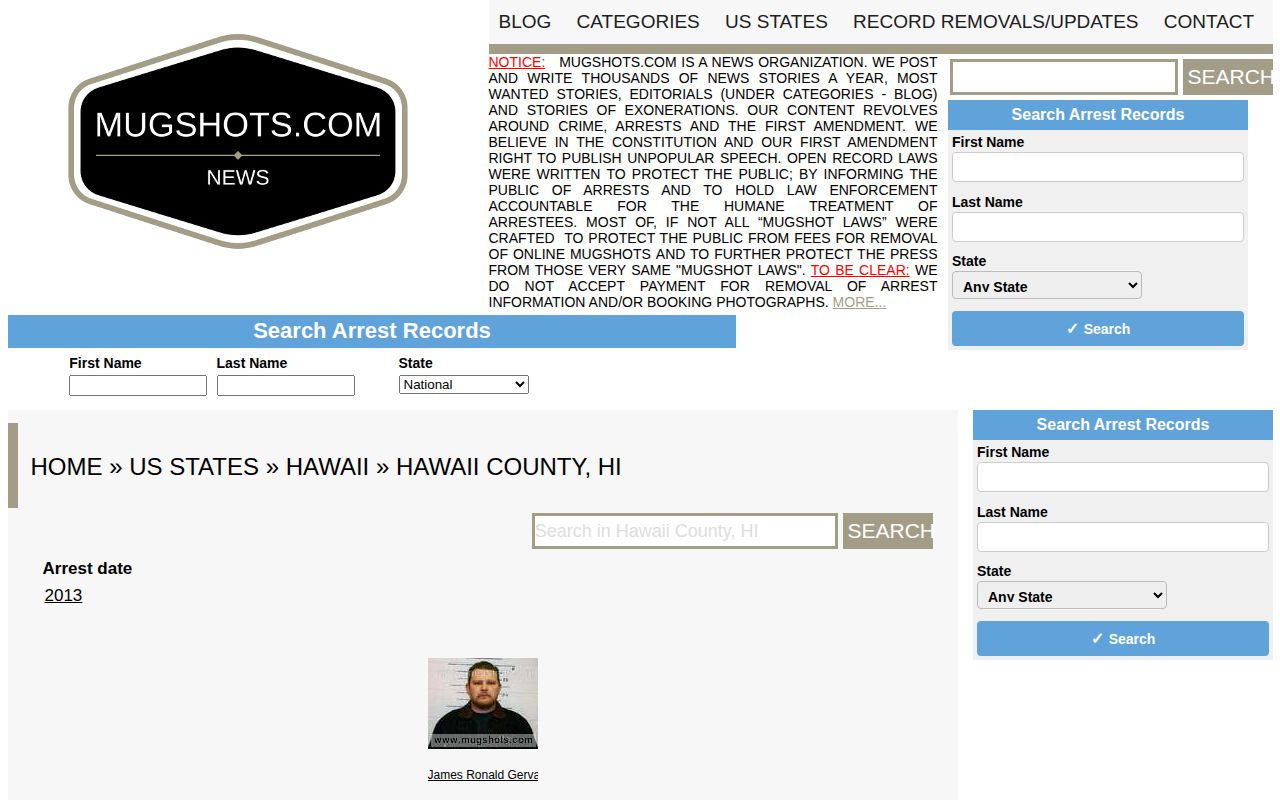 Unofficial Hawaiʻi County Mugshots.com local page