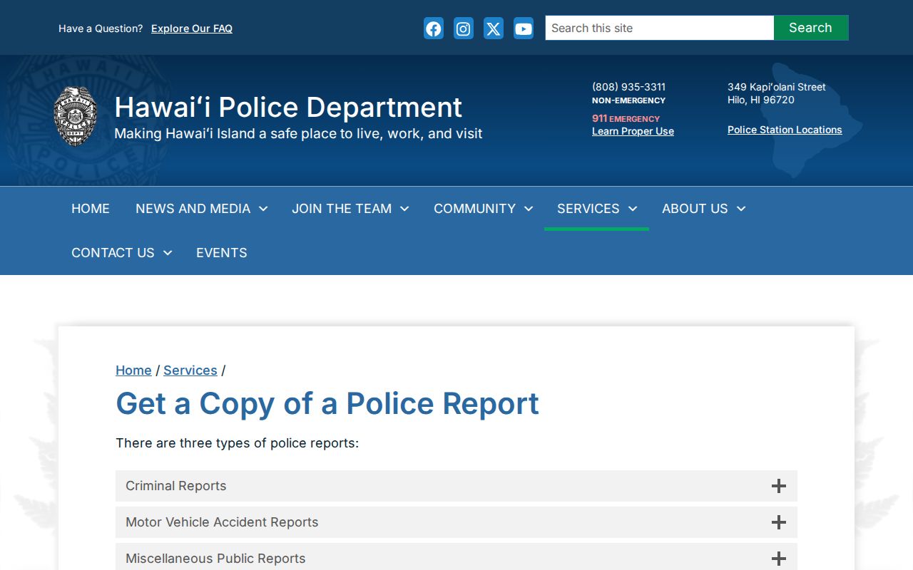 Hawaiʻi County HPD records request page for a booking report or photo request