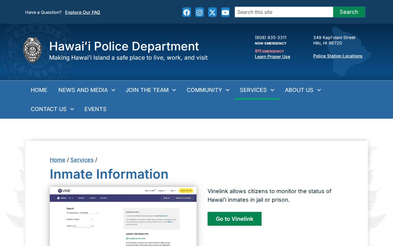 Hawaiʻi County HPD inmate-information page linking to DCR custody status