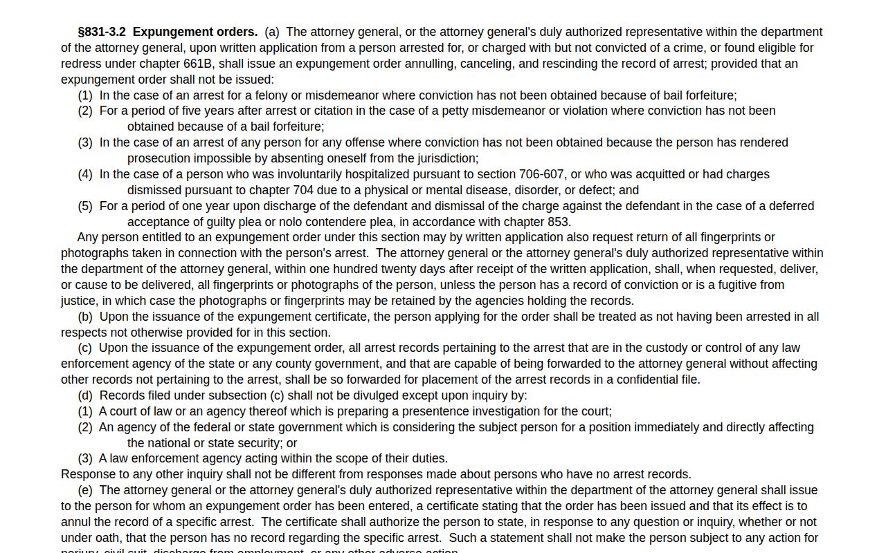 Hawaiʻi County HRS section 831-3.2 expungement source page