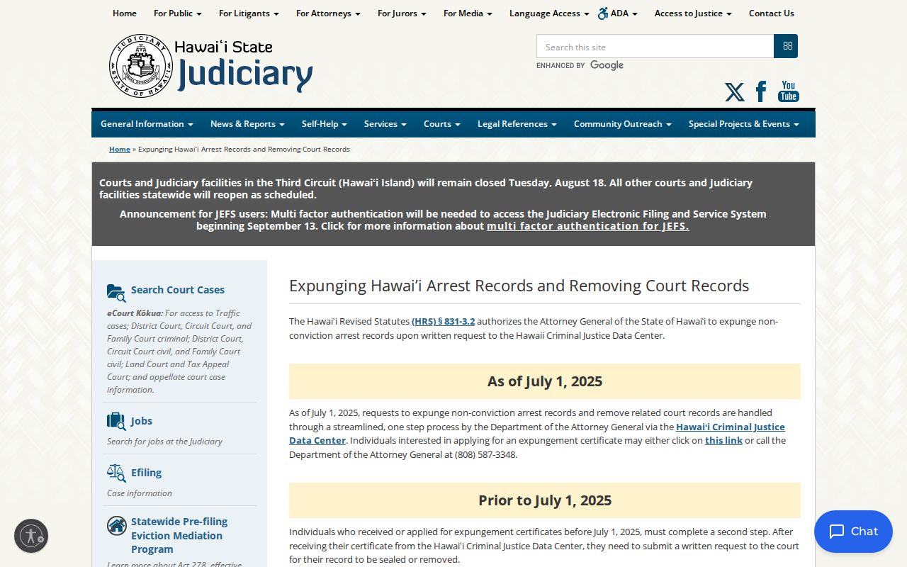 Hawaiʻi County Judiciary sealing and expungement request page