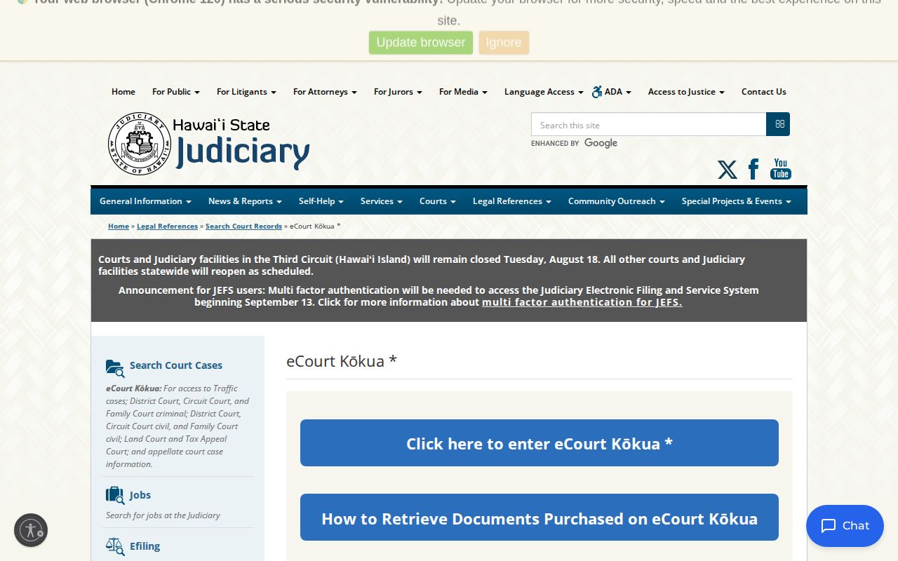 Hawaiʻi County Third Circuit eCourt Kōkua case-record search page
