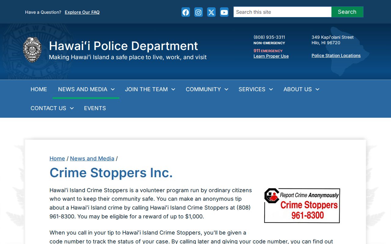 Hawaiʻi County HPD Crime Stoppers tip and reward source page